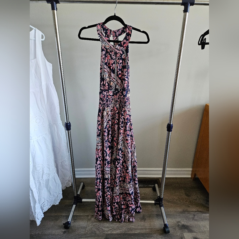 Abel the Label Charlotte Maxi Dress Navy/Red Floral Tie-Back Size M